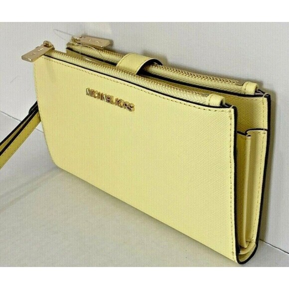 New Michael Kors Jet Set Travel Double zip wristlet Saffiano Leather Sunshine - Picture 3 of 6